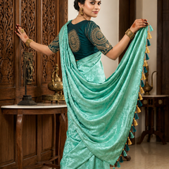 Sea Green Satin Saree with Designer Dark Green Embroidered Blouse