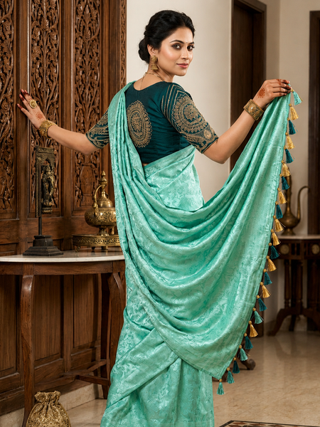 Sea Green Satin Saree with Designer Dark Green Embroidered Blouse