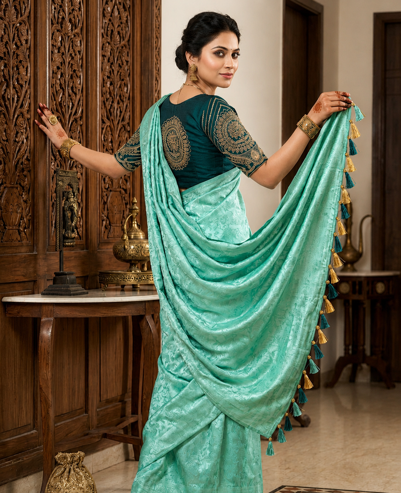 Sea Green Satin Saree with Designer Dark Green Embroidered Blouse