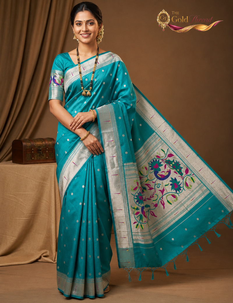 Elegant Turquoise Silk Paithani Saree | Silver Zari Work & Traditional Peacock Pallu