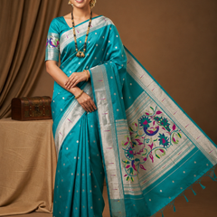 Elegant Turquoise Silk Paithani Saree | Silver Zari Work & Traditional Peacock Pallu