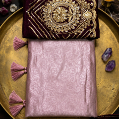 Exquisite Lavender Silk Katan Saree | Self-Weaved Jacquard Texture & Heavy Embroidered Wine Blouse