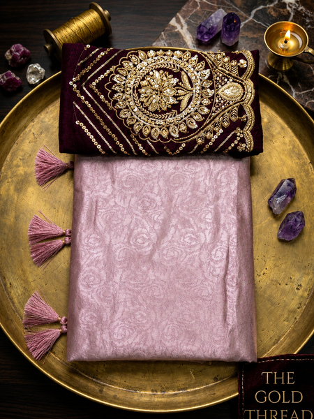 Exquisite Lavender Silk Katan Saree | Self-Weaved Jacquard Texture & Heavy Embroidered Wine Blouse