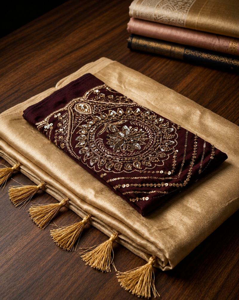 The Royal Festive Curated Set: Premium Golden Tussar Saree and Wine Zardozi Blouse