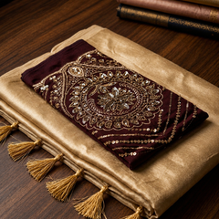 The Royal Festive Curated Set: Premium Golden Tussar Saree and Wine Zardozi Blouse