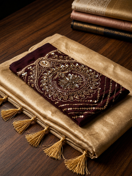 The Royal Festive Curated Set: Premium Golden Tussar Saree and Wine Zardozi Blouse