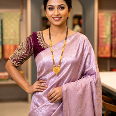 Exquisite Lavender Silk Katan Saree | Self-Weaved Jacquard Texture & Heavy Embroidered Wine Blouse