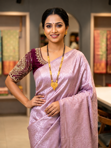 Exquisite Lavender Silk Katan Saree | Self-Weaved Jacquard Texture & Heavy Embroidered Wine Blouse