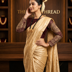 The Royal Festive Curated Set: Premium Golden Tussar Saree and Wine Zardozi Blouse