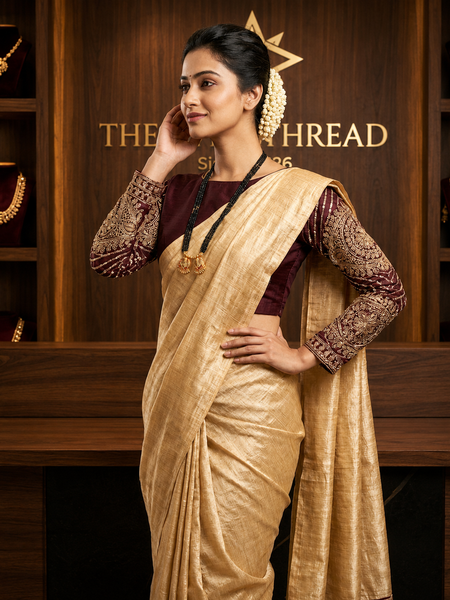 The Royal Festive Curated Set: Premium Golden Tussar Saree and Wine Zardozi Blouse