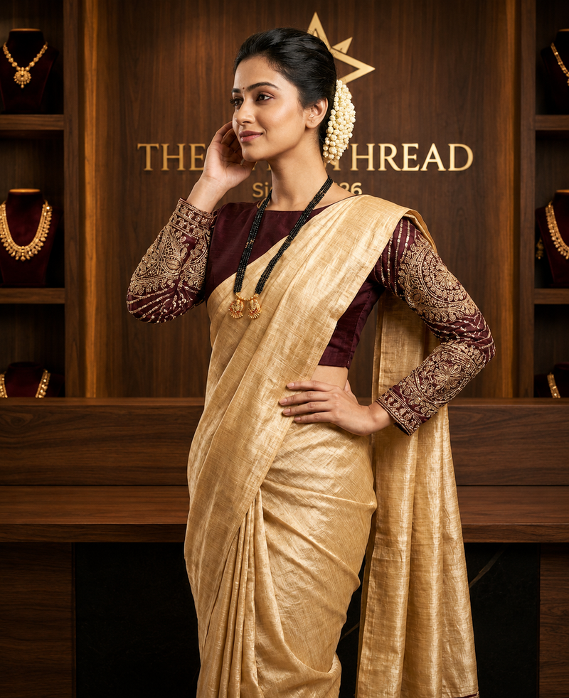 The Royal Festive Curated Set: Premium Golden Tussar Saree and Wine Zardozi Blouse