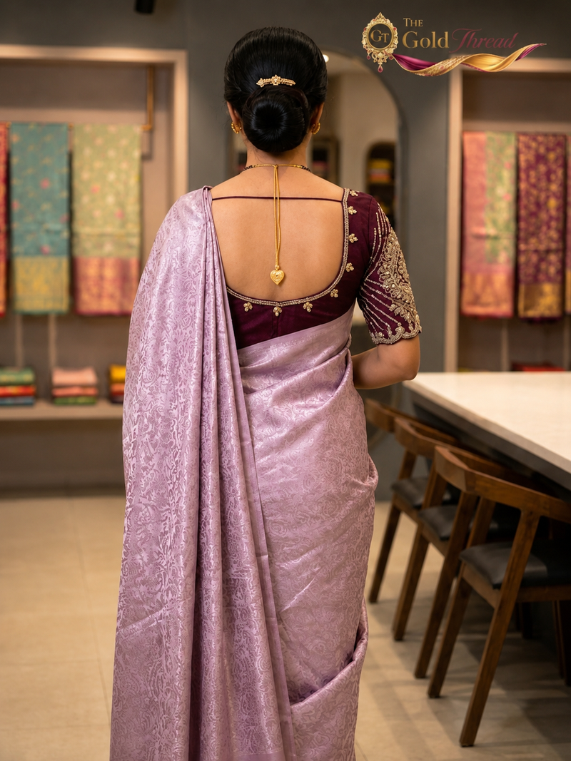 Exquisite Lavender Silk Katan Saree | Self-Weaved Jacquard Texture & Heavy Embroidered Wine Blouse