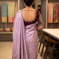 Exquisite Lavender Silk Katan Saree | Self-Weaved Jacquard Texture & Heavy Embroidered Wine Blouse