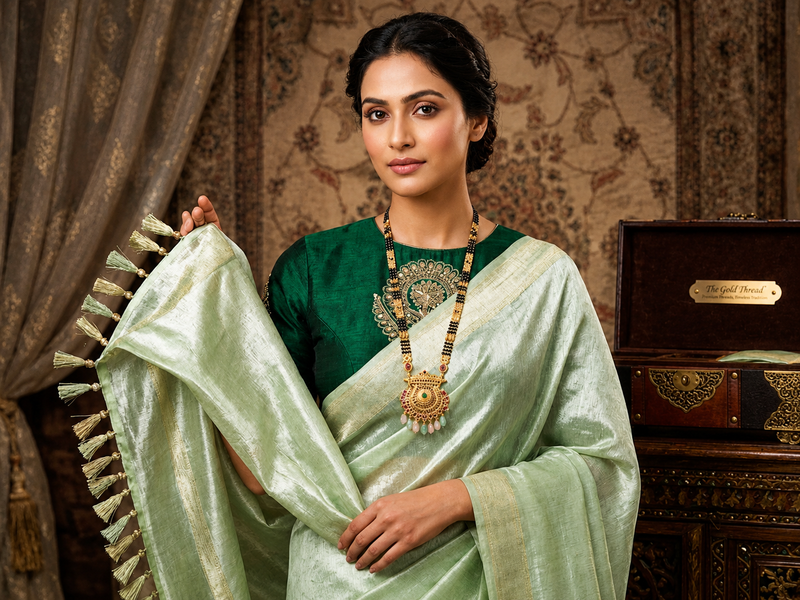 Ethereal Mint Green Tissue Silk Saree | Subtle Gold Zari & Tassel Detailing