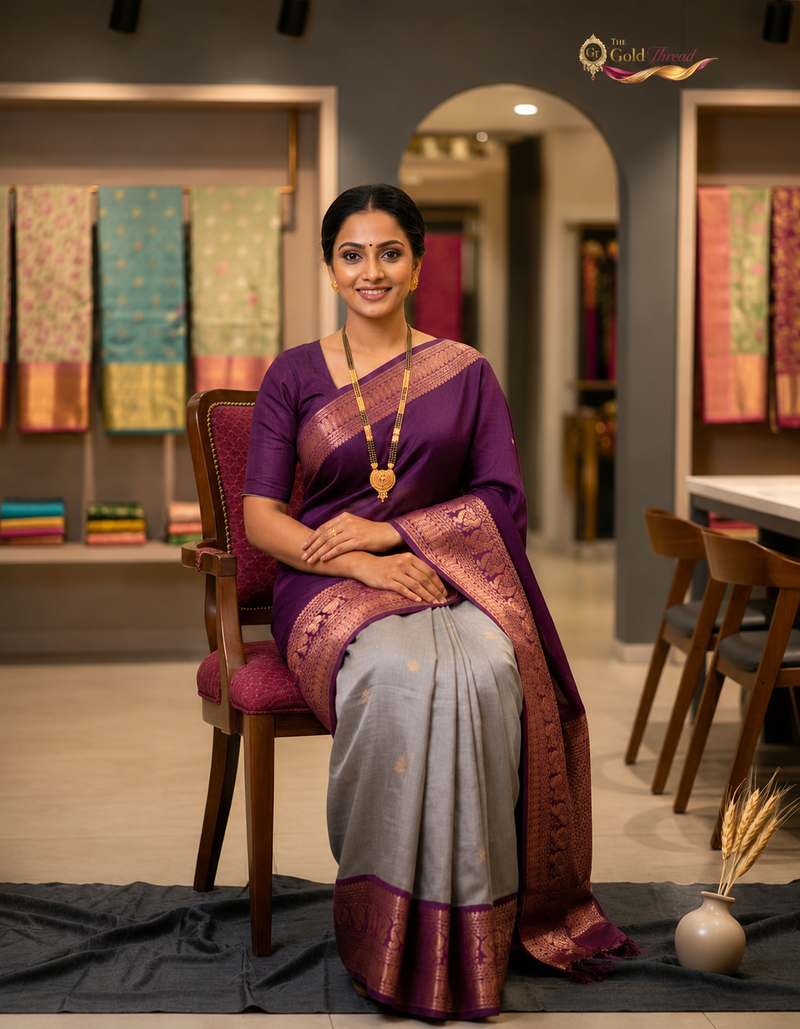 Royal Purple & Silver Silk Saree with Rich Zari Border | The Gold Thread