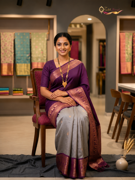 Royal Purple & Silver Silk Saree with Rich Zari Border | The Gold Thread