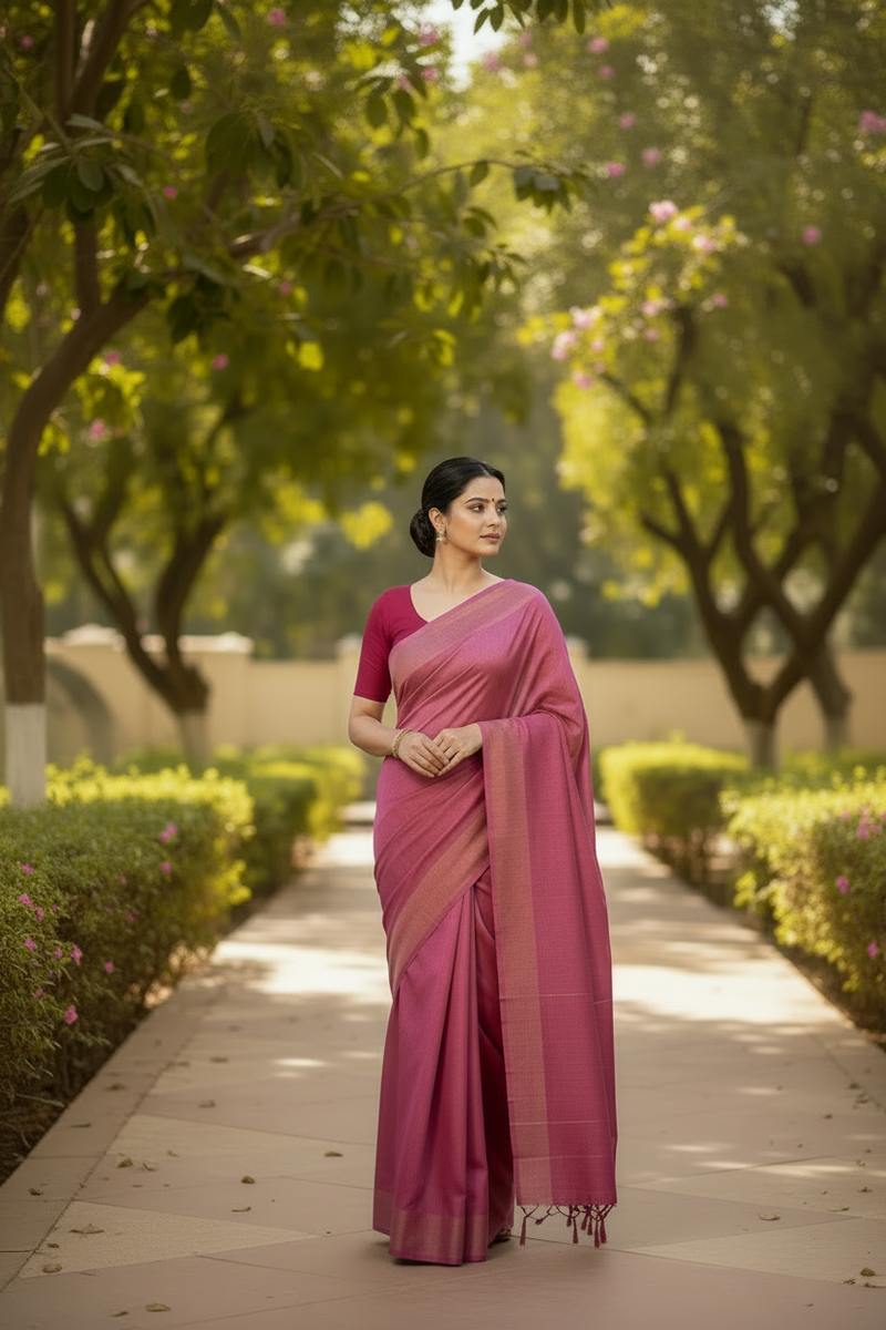 Rani Pink Pure Banarasi Silk Floral Zari Weaving Saree