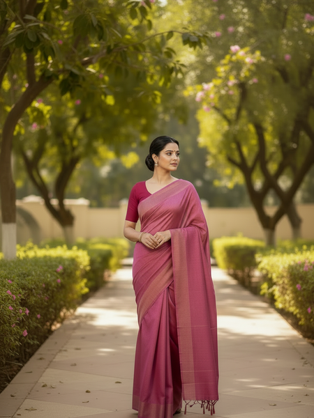 Rani Pink Pure Banarasi Silk Floral Zari Weaving Saree
