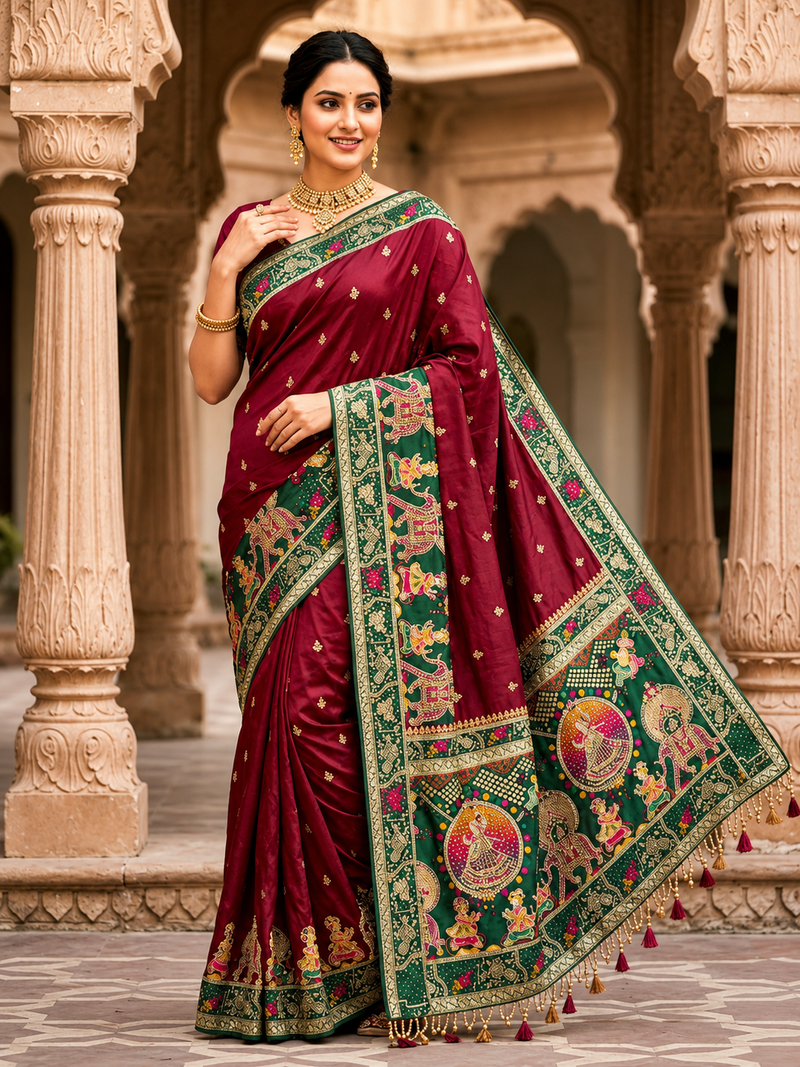 Pure Silk Wine Purple Traditional Tribal Border Saree