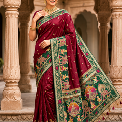 Pure Silk Wine Purple Traditional Tribal Border Saree