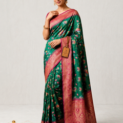 Emerald Green Lotus Print Moss Crepe Saree with Banarasi Border
