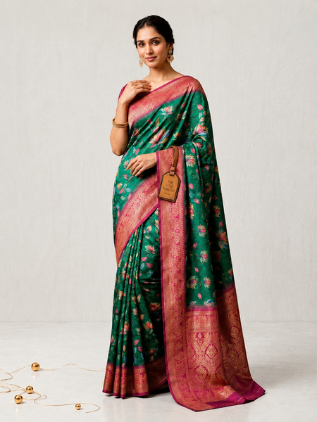 Emerald Green Lotus Print Moss Crepe Saree with Banarasi Border