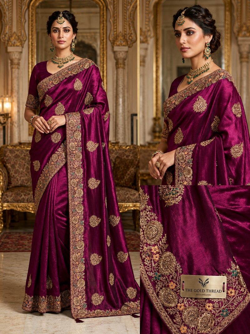 Wine Purple Tissue Silk Heavy Embroidered Saree