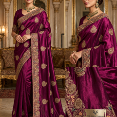 Wine Purple Tissue Silk Heavy Embroidered Saree