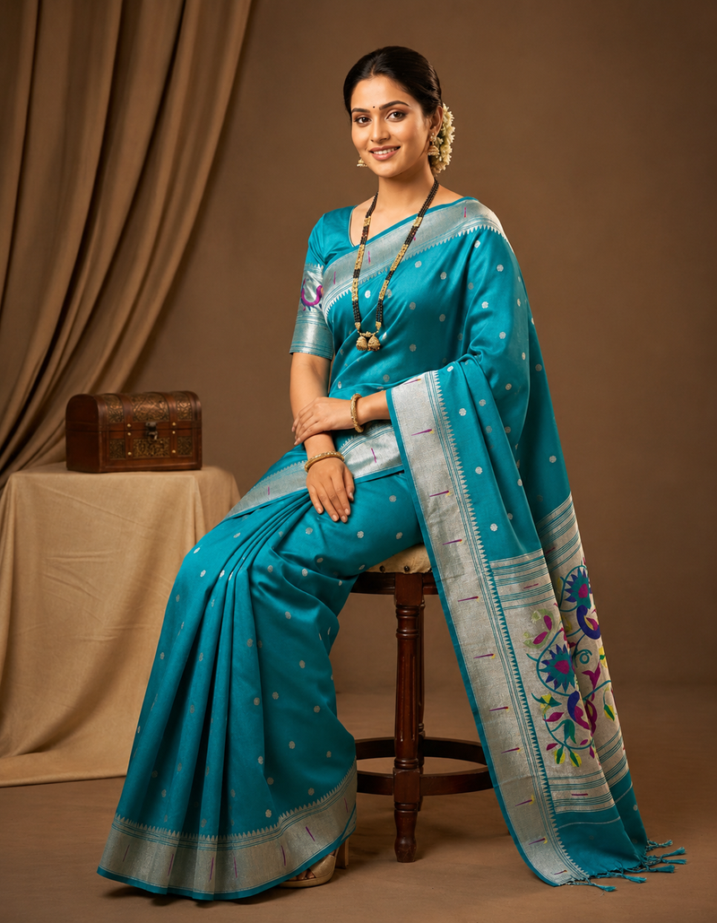 Elegant Turquoise Silk Paithani Saree | Silver Zari Work & Traditional Peacock Pallu