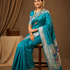 Elegant Turquoise Silk Paithani Saree | Silver Zari Work & Traditional Peacock Pallu