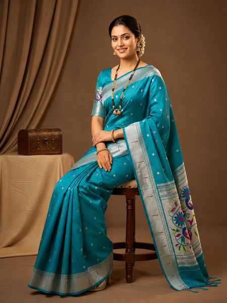 Elegant Turquoise Silk Paithani Saree | Silver Zari Work & Traditional Peacock Pallu