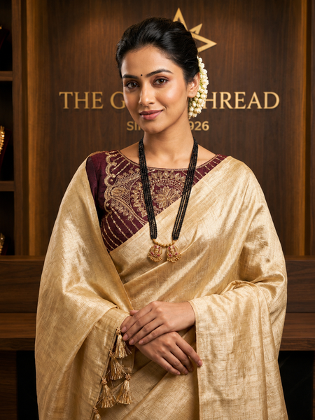 The Royal Festive Curated Set: Premium Golden Tussar Saree and Wine Zardozi Blouse