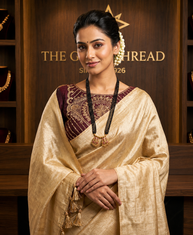The Royal Festive Curated Set: Premium Golden Tussar Saree and Wine Zardozi Blouse