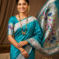 Elegant Turquoise Silk Paithani Saree | Silver Zari Work & Traditional Peacock Pallu