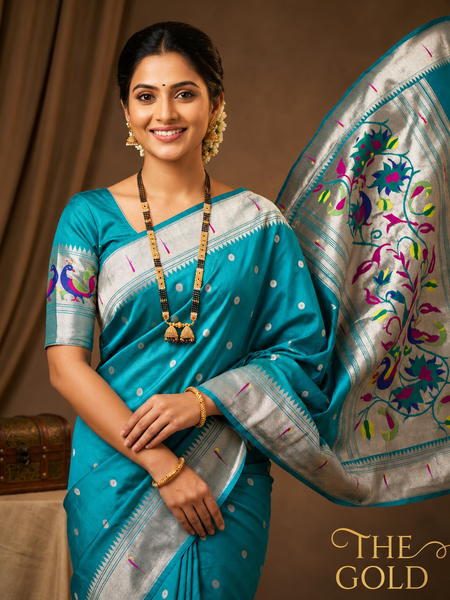 Elegant Turquoise Silk Paithani Saree | Silver Zari Work & Traditional Peacock Pallu