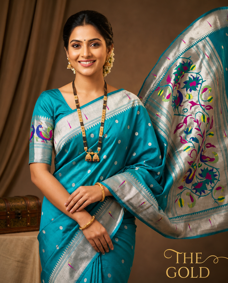 Elegant Turquoise Silk Paithani Saree | Silver Zari Work & Traditional Peacock Pallu