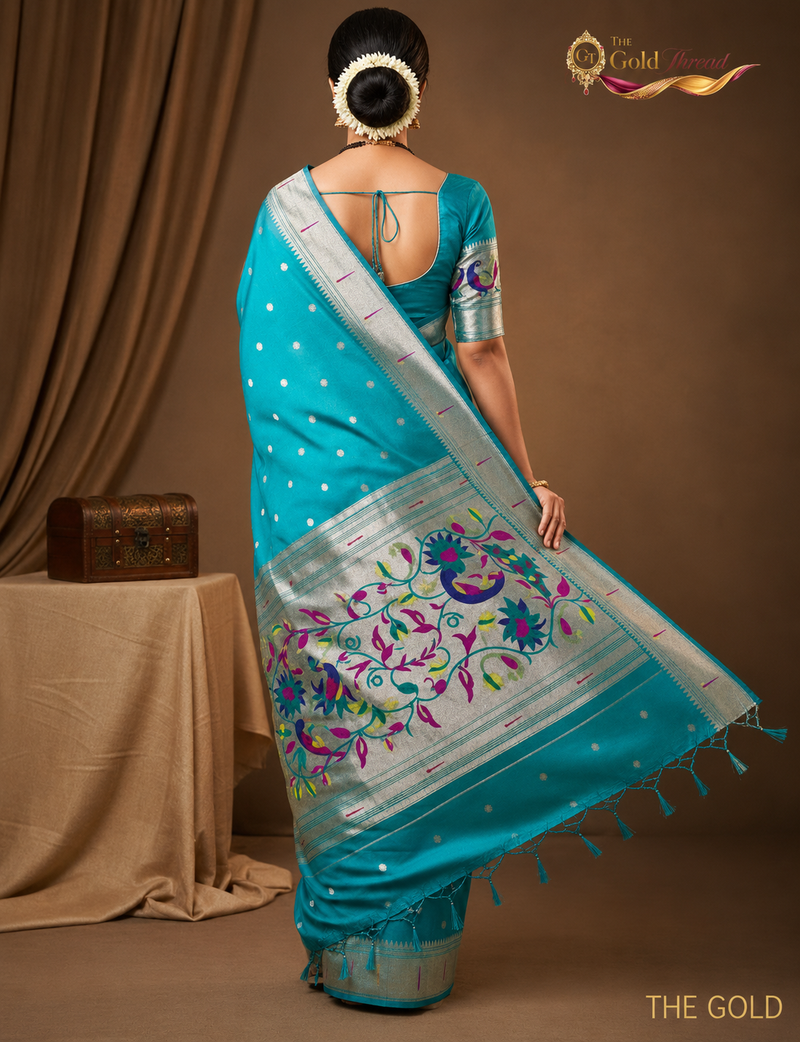 Elegant Turquoise Silk Paithani Saree | Silver Zari Work & Traditional Peacock Pallu