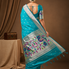 Elegant Turquoise Silk Paithani Saree | Silver Zari Work & Traditional Peacock Pallu