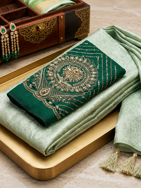 Ethereal Mint Green Tissue Silk Saree | Subtle Gold Zari & Tassel Detailing