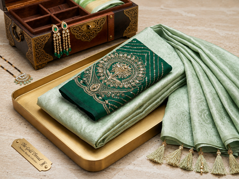 Ethereal Mint Green Tissue Silk Saree | Subtle Gold Zari & Tassel Detailing