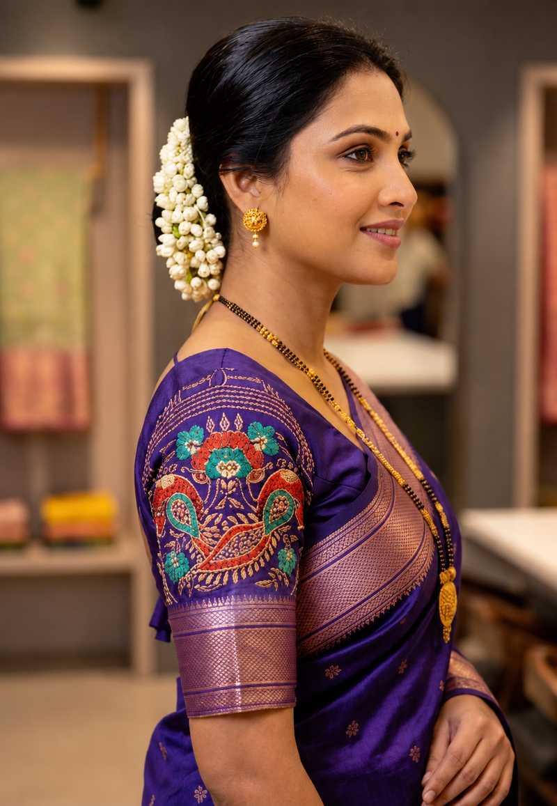 Regal Violet Silk Paithani Saree | Rose Gold Zari Border & Embroidered Designer Blouse