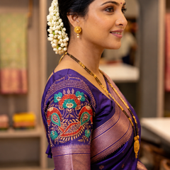 Regal Violet Silk Paithani Saree | Rose Gold Zari Border & Embroidered Designer Blouse