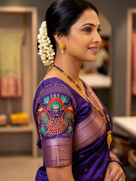 Regal Violet Silk Paithani Saree | Rose Gold Zari Border & Embroidered Designer Blouse