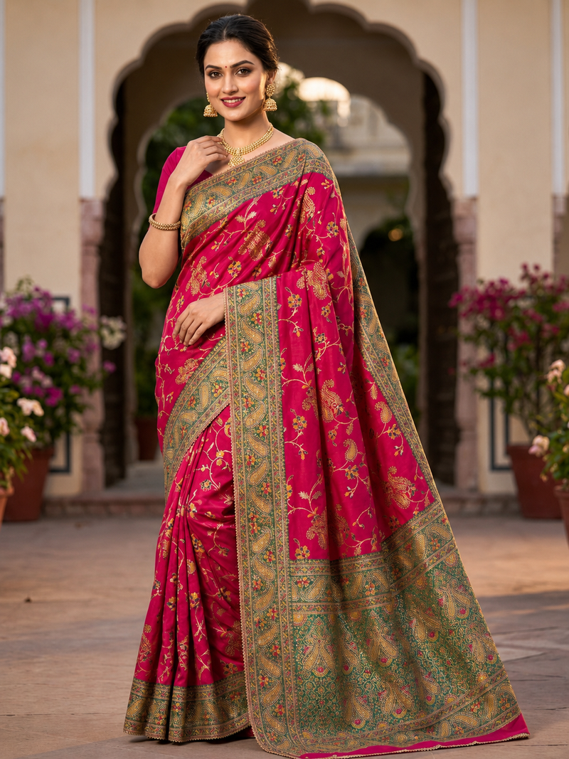 Rani Pink Pure Banarasi Silk Floral Zari Weaving Saree