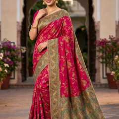 Rani Pink Pure Banarasi Silk Floral Zari Weaving Saree