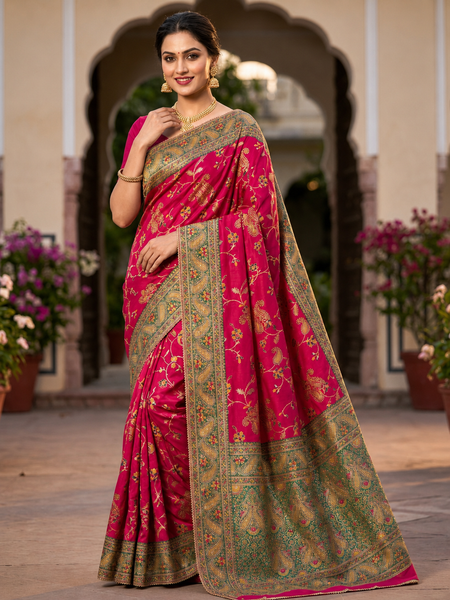 Rani Pink Pure Banarasi Silk Floral Zari Weaving Saree