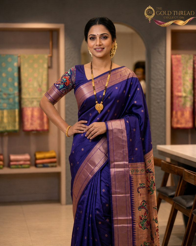 Regal Violet Silk Paithani Saree | Rose Gold Zari Border & Embroidered Designer Blouse