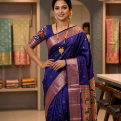 Regal Violet Silk Paithani Saree | Rose Gold Zari Border & Embroidered Designer Blouse