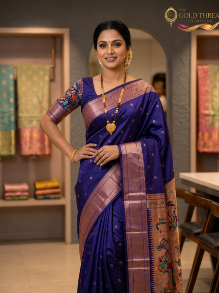 Regal Violet Silk Paithani Saree | Rose Gold Zari Border & Embroidered Designer Blouse