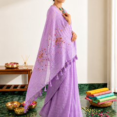 Lavender Linen Cotton Blend Embroidered Saree